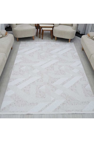 Modern Geometrik Desenli Kaymaz Jel Taban Halı Ve Yolluk Krem