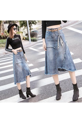 Kadın Moda Yüksek Bel Yırtık Tahrip Bodycon Sokak Stili Denim Etek Açık Mavi