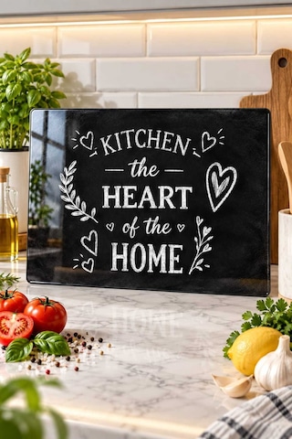 Gökçeoğlu Cam Kesme Tahtası Kitchen The Heart Of The Home Temalı Siyah - Cam Kesme Tablası 30cm X 40cm Çok Renkli