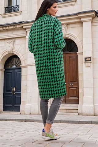 Yeşilkaz Ayağı Desenli, Cep Detaylı, Uzun Kaban Yeşil