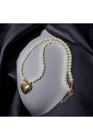 İnci Detaylı Kalp Uçlu Kolye Altın Renk Kalpli Kadın Choker Tak Gold