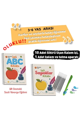 İzli Abc Ve Sayıcıklar Kitabları Oluklu Seti 1adet Sihirli Uçan Kalem - Tutma Aparatı, 10 Adet Kalem İçi