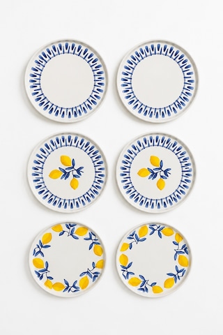 Mavi Limon 6 Lı Seramik Pasta Ve Servis Tabağı Seti Stackable 20 Cm Limon Desenli Akdeniz Sofra Takımı Beyaz