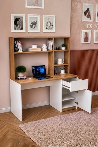 Rudu Asel Çalışma Bilgisayar Masası 104x51x150 Cm Raflı 1 Çekmeceli 1 Kapaklı Beyaz