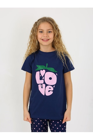 Kız Çocuk Kısa Kollu %100 Pamuklu Pijama Takımı Cute Love Lacivert
