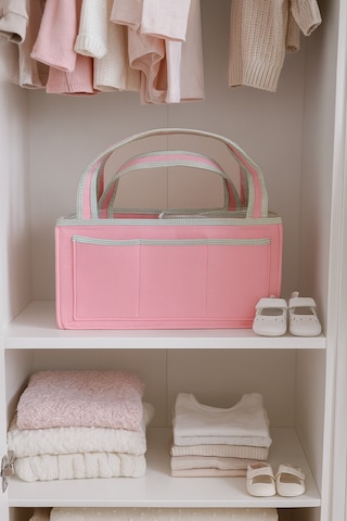 Anne Bebek Kalın Keçe Bakım Çantası Yenidoğan Için Organizer Düzenleyici Çok Amaçlı Pembe Yeşil Overlok Detay
