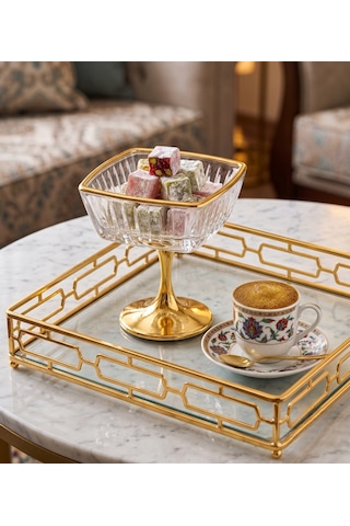 Hürrem Gold Ayaklı Kehribar Cam Lokumluk & Sunumluk Altın