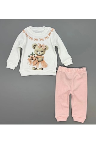 Kız Bebek Ayıcık Baskılı Çıt Çıtlı Alt Üst İkili Gündelik Takım Pudra