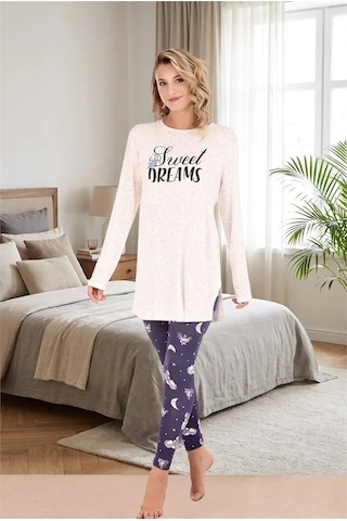 Go İthalat Kadın Şık Tasarım Ay Yıldız Desenli Yumuşak Dokulu Viskon Kumaş Sweet Dreams Yazılı 2'li Pijama Takımı BEYAZ