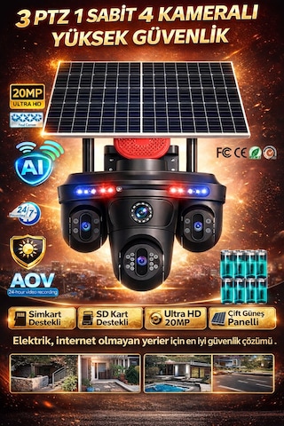 Provzen Fx-6015 4 Kameralı 3 Ptz + 1 Sabit 20mp 4g Sım Kartlı Güneş Enerjili Akıllı Güvenlik Kamerası Full Color Gece Görüş + Aov Kayıt