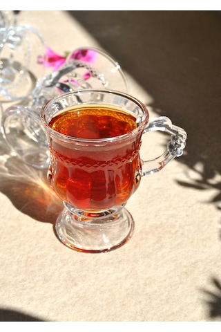 6'lı Ayaklı Cam Bardak - Kulplu Çay Kahve Bardağı 180 Ml Şeffaf