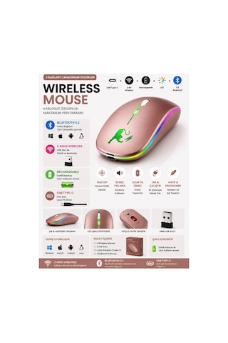Jng-5012m Kablosuz Şarjlı Mouse Çift Modlu Bluetooth Ve 2.4 Ghz Usb Wireless Rgb Led Işıklı Telefon Tablet Bilgisayar Uyumlu 1600 Dpi Sessiz Click Mouse Diğer