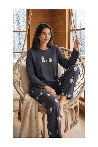 Pemilo Kadın 8811-7 Berlin Uzun Kol Sıfır Yaka Pijama Takım Füme