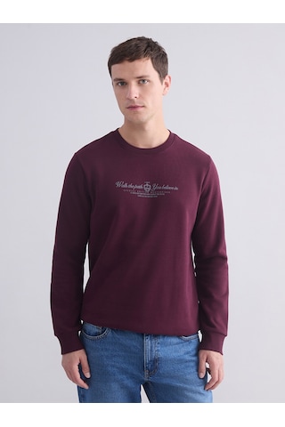 Lcwaıkıkı Classic Bordo Standart Kalıp Bisiklet Yaka Baskılı Erkek Kalın Sweatshirt