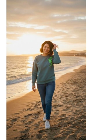Diagonel Kumaş Çiçek İşlemeli Sweatshirt Yeşil Yeşil