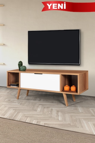 3326 Mesir 130 Cm Ahşap Ayaklı , Metal Kulplu Tv Ünitesi , Söğüt - Beyaz , Tv Sehpası , Salon Diğer