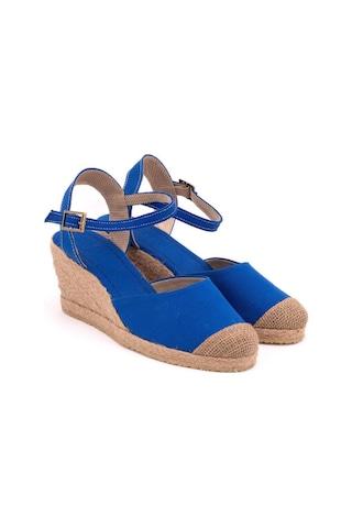 Star Tombis Gerçek Elişi Topuğu Açık Burnu Hasırlı Bilekten Bantlı Dolgu Topuk Keten Hasır Espadril Handmade Saks Saks Mavi