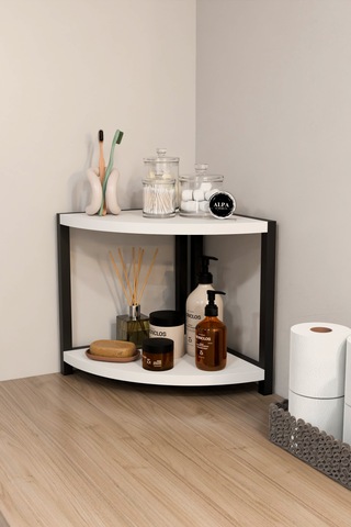 İki Raflı Banyo Köşe Oval Düzenleyici Organizer Raf Metal Gövdeli Çok Amaçlı Banyo Standı Beyaz