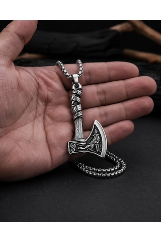 Paslanmaz Çelik Iskandinav Norse Gotik Tarz Viking Balta Erkek Kolye Antik Gümüş