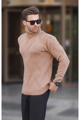 Madmext Camel Boğazlı Uzun Kollu Desenli Örme Kazak 7279 Camel