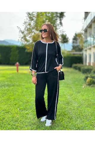 Sensuelle Kadın Bisiklet Yaka Truvakar Kol Biye Detay Bluz Ve Yüksek Bel Lastikli Pantolon Ikili Takım Siyah