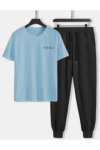 Mavi T-shirt Siyah Eşofman Altı Jogger- Baskılı Alt Üst Eşofman Takım Oversize Bisiklet Yaka Mavi