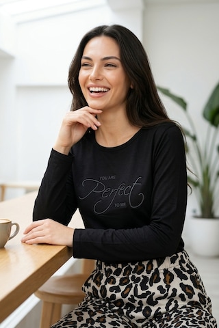 Mataş Kadın Desenli Bambu Viskon Uzun Kollu Soft Örme Mevsimlik Yumuşak Pijama Takımı Siyah