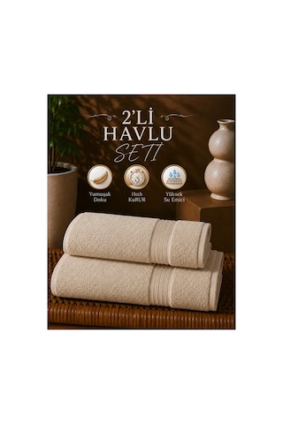 2 Li Banyo Havlu Seti 70x140 + 50x90 Yumuşak Dokulu Yüksek Emici Banyo Ve El Yüz Havlusu Takımı Ekru