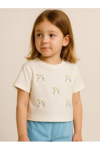 Nk Kids Kız Çocuk Fiyonk İşlemeli Pamuklu T-shirt-15965 Ekru Mavi