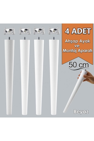 4 Adet Ahşap Ayak 50 Cm Beyaz M8 Civatalı Bağlantı Aparatlı Mobilya Tabure Sehpa Masa Destek Ayağı Beyaz