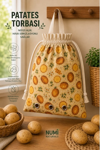 Numı Naturals Nefes Alan Patates Saklama Torbası %100 Pamuklu Büzgülü Patates Depolama Çantası 40x40 Cm Çok Renkli