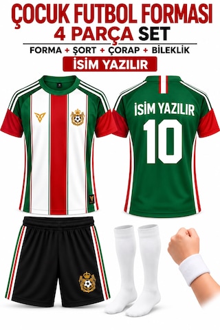 Yenteks İsim Yazılır Çocuk Futbol Forması Yeşil Beyaz T Özel Tasarım 4 Parça Forma+şort+çorap+bileklik Beyaz - Yeşil