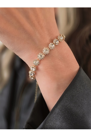 Eva Takı Store Çiçek Model Elmas Görünümlü Gold Renk Bileklik Altın