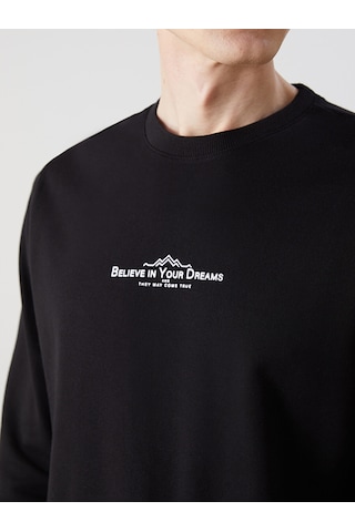 Lcwaıkıkı Classic Siyah Bisiklet Yaka Uzun Kollu Baskılı Erkek Sweatshirt