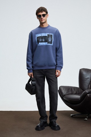 Grimelange LUCIAN Erkek Göğsü Baskılı Yuvarlak Yaka Regular Fit İndigo Sweatshirt