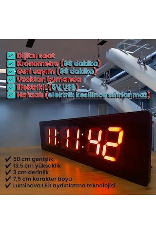 Upway 50x13,5 Kumandalı Büyük Dijital Duvar Saati Kronometre - Geri Sayım Luminova Led Teknolojisi Siyah - Kırmızı
