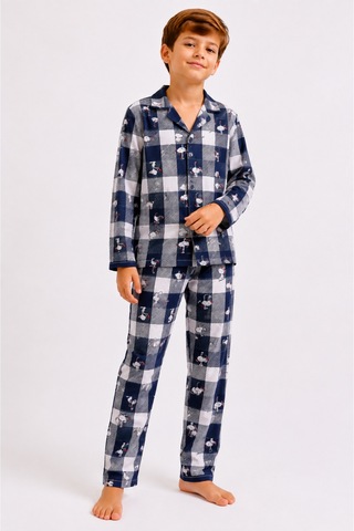 Free Beka Erkek Çocuk Önden Düğmeli Kareli Ve Karakter Desenli Uzun Kollu Pijama Takımı Turkuaz
