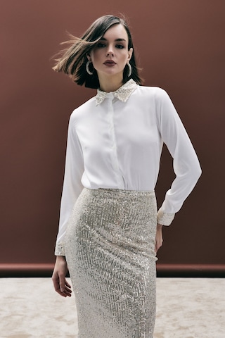 Sateen Payet Detaylı Saten Gömlek - Bej-136686 bej