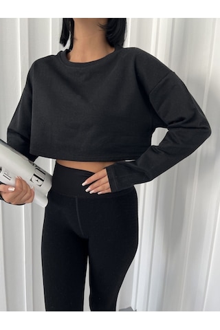 Siyah Crop Bisiklet Yaka Sweatshirt Siyah
