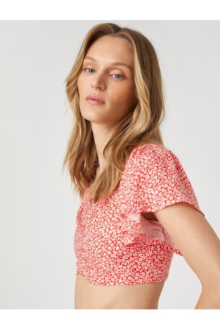 Koton Çiçekli Crop Bluz Büzgü Detaylı Kolları Volanlı Turuncu Desenli 2sak60266pw 2SAK60266PW19E