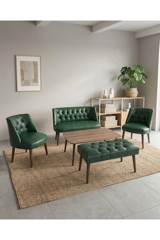 Milano Yeşil Deri Çay Seti Koltuk Takımı 2+1+1 Bench Sehpa Dahil Ofis Balkon Kuaför Bekleme Takımı