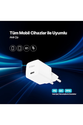 Ttec Smartcharger Gan 20W PD Seyahat Hızlı Şarj Aleti + USB-C - Lightning 150 CM Kablo