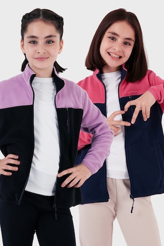 Lela Yumuşak Dokulu Fermuarlı Renk Bloklu Dik Yaka Cepli 2'Li Paket Hırka Çocuk Polar 5905001S2 Fuşya Lacivert-Lila Siyah