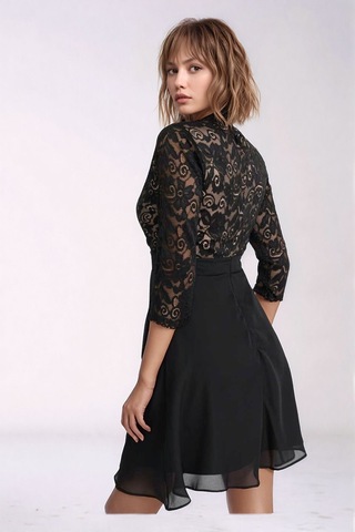 Kadın Tül Yaka Detaylı Truvakor Kol Şık Rahat Kalıp Büyük Beden Curve Abiye Gece Elbisesi Siyah