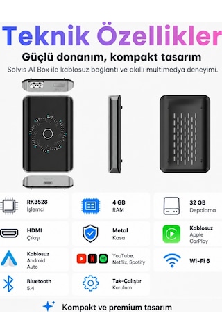 Solvis Box Kablosuz Carplay & Android Auto Multimedya Dönüştürücü
