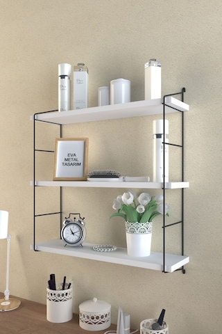 Eva Metal Tasarim Modern Büyük Boy 3 Katlı Duvar Rafı Beyaz