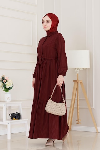 Sevitli Gömlek Yaka Beli Tünelli Sare Elbise-bordo-5067 Bordo