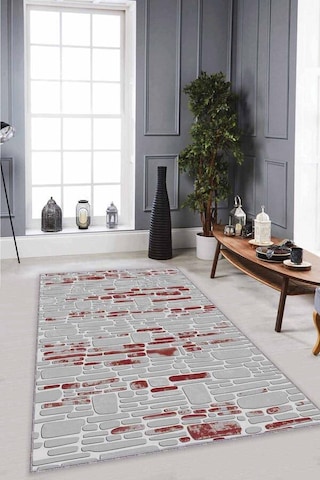Bordo Taş Desenli Kaymaz Tabanlı Dekoratif Halı Ro07n11