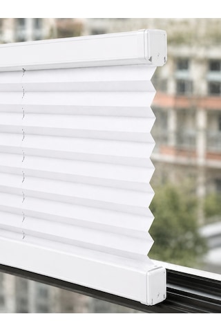 Plise Perde Beyaz Kumaş + Beyaz Profil Kasa Cam Balkon Perdesi