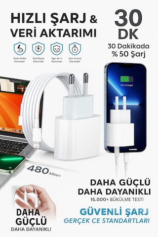 Pd 20w Type-c Lightning Hızlı Şarj Aleti Ve Kablo Seti İphone Uyumlu, 480mbps Veri Aktarımı 20w Hızlı Şarj